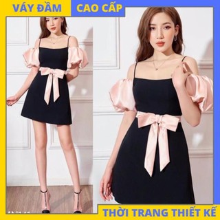 Váy ôm body hai dây trễ vai tay phồng ngắn nơ eo hồng tuyết mưa dễ thương [HÀNG THIẾT KẾ CAO CẤP]