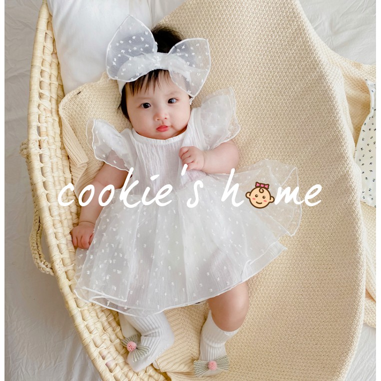 [Cookie'sHome x princess] Bộ body trắng kèm nơ coton voan tuyết cho bé gái sơ sinh chụp thôi nôi đầy tháng studio