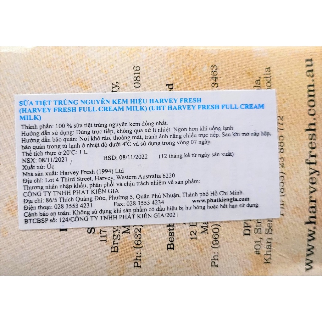 [Hộp 1 Lít – X.DƯƠNG] SỮA TIỆT TRÙNG NGUYÊN KEM [Australia] HARVEY FRESH UHT Full Cream Milk (pkg)
