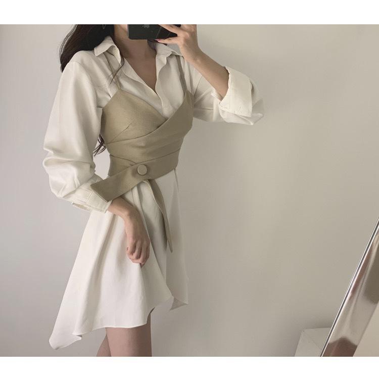 MS754 Set váy sơ mi áo quây kaki Hang Quốc