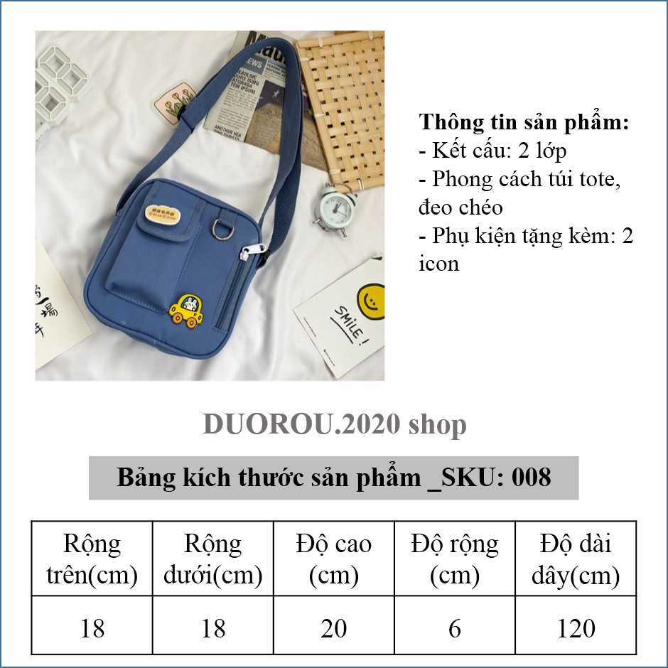 Túi Vải Canvas Đeo Chéo Phong Cách Hàn Quốc Dành Cho Nữ CHỐNG NƯỚC, ĐÁNG YÊU tặng kèm ICON TV008