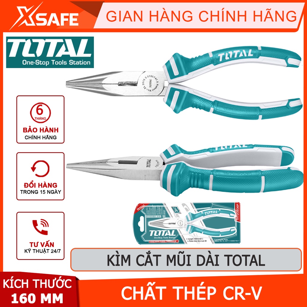 Kìm cắt mỏ nhọn dài TOTAL THT120606P Kềm mỏ dài thép Cr-V, 6 inch/160mm, tay cầm cao su cắt dây điện, tuốt dây