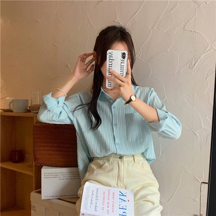 Áo sơ mi QKOOLE tay dài màu trơn thời trang Hàn Quốc cho nữ