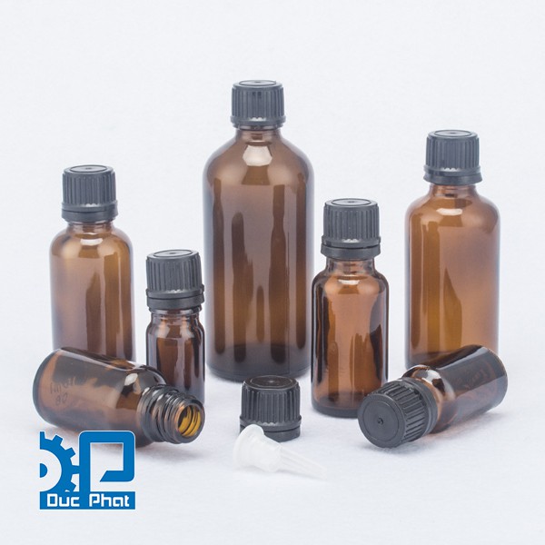 Lọ chiết tinh dầu nhỏ giọt thủy tinh màu nâu nắp đen nhiều cỡ 10ml, 20ml, 30ml, 50ml, 100ml