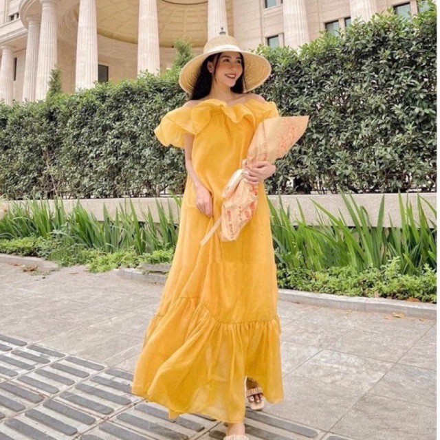 Váy đầm maxi tơ vàng suông đuôi cá trễ vai bèo ngực siêu xinh L1