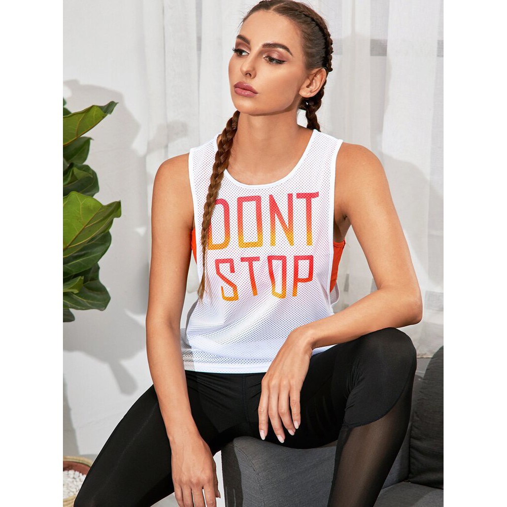 Áo thun thể thao nữ, áo tanktop tập gym DON'T STOP vải thun lưới nhẹ mát