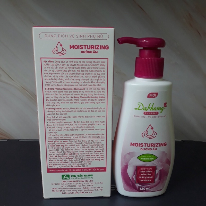 dung dịch vệ sinh phụ nữ Dạ Hương Pharma Moisturizing thành phần từ thiên nhiên(hoa Hồng, dâu tằm, trầu không, collagen