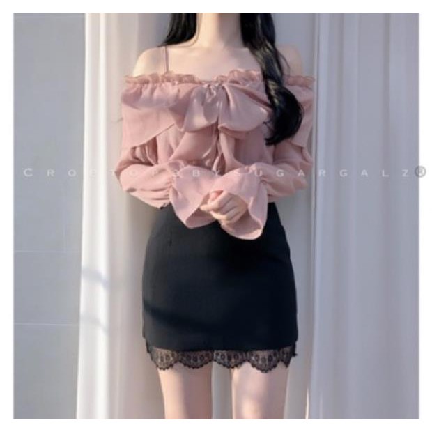 Áo croptop hai dây trễ vai tay dài nơ ngực retro - by SGGz 2021 ˇ