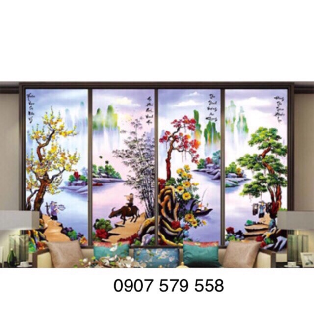 Tranh thêu chữ thập tiểu ngư canh mục 135x83cm