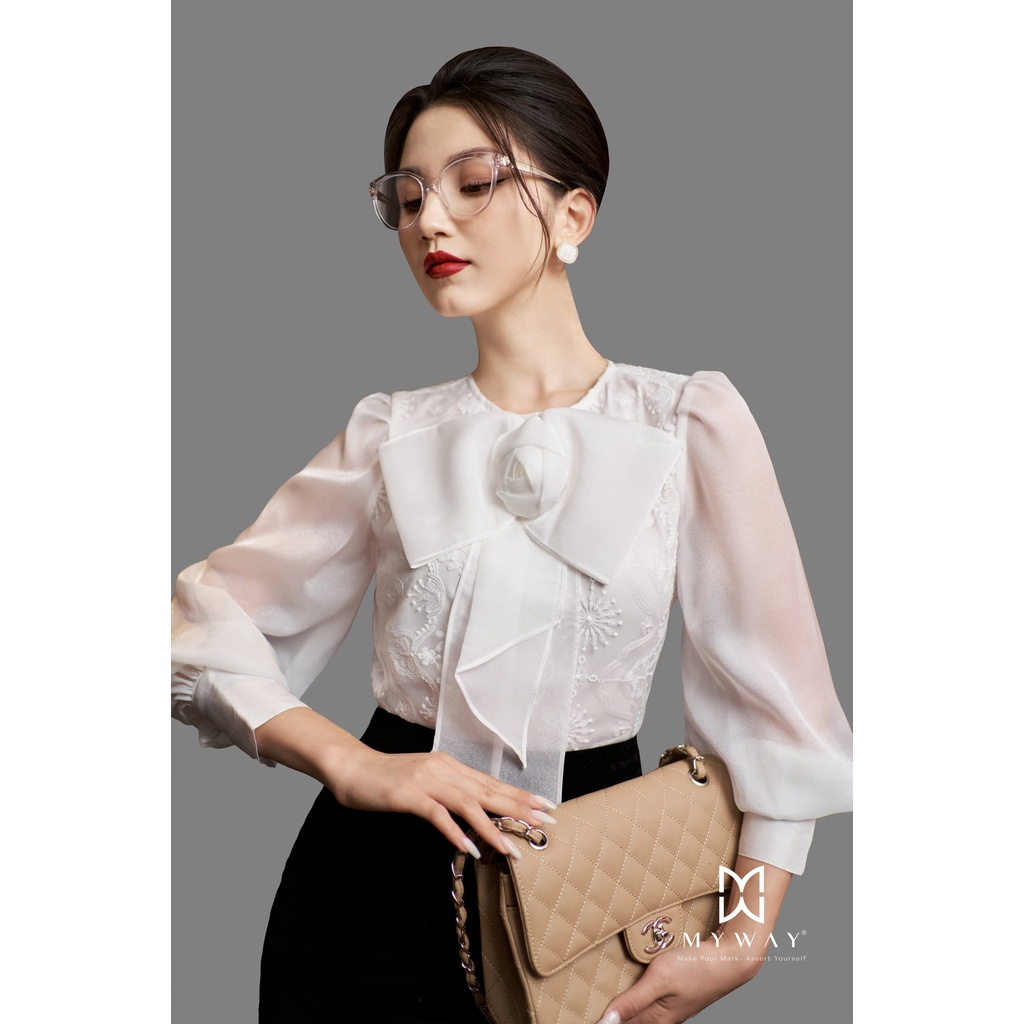 Áo Sơ Mi Thiết Kế Trắng Nữ MY WAY Tay Bồng Đính Nơ Cao Cấp 5MA0766