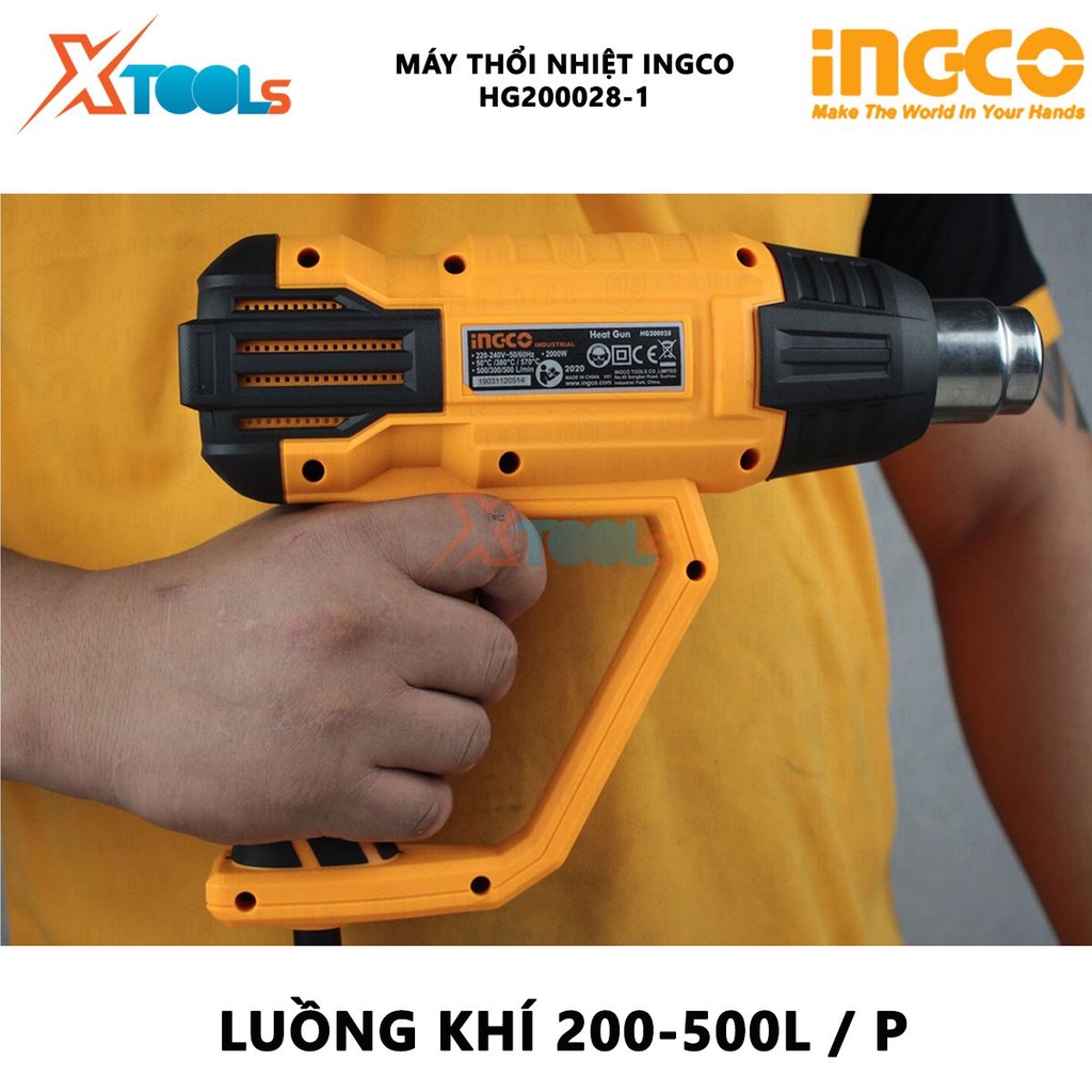 Bộ máy thổi nhiệt INGCO HG200028-1 | Bộ máy khò nhiệt 2000W, Nhiệt độ 50C / 50-630 ° C, màn hình hiển thị LCD tháo mối h