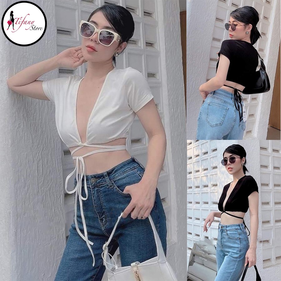  Áo Croptop Kiểu Hở Ngực Cột Dây Eo Chất Thun Co Giãn Màu Trắng - ÁO CỔ V