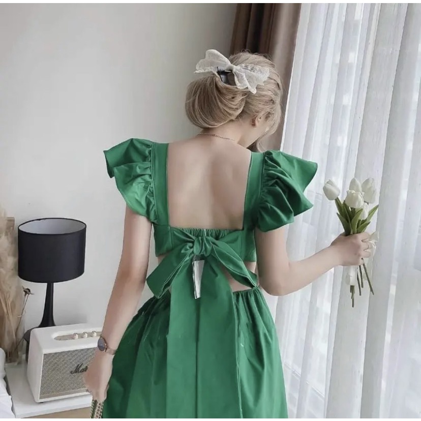 Váy Đầm Maxi 2 Dây Hở Lưng Thiết Kế Cánh Tiên Có Dây Nơ Phía Sau Phù Hợp Cho Nàng Đi Biển Đi Tiệc Xinh Xắn Xm Minh Phúc