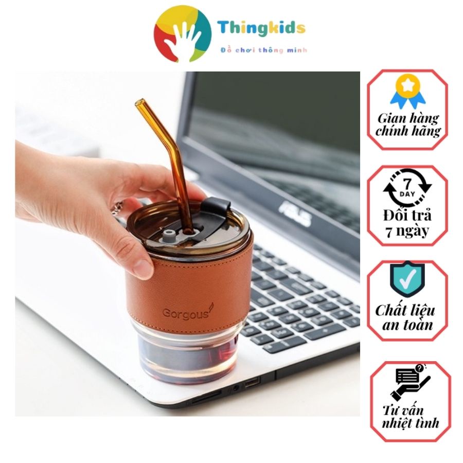 Ly, cốc thủy tinh đựng nước có nắp đậy kín kèm ống hút và đai da - Thingkids