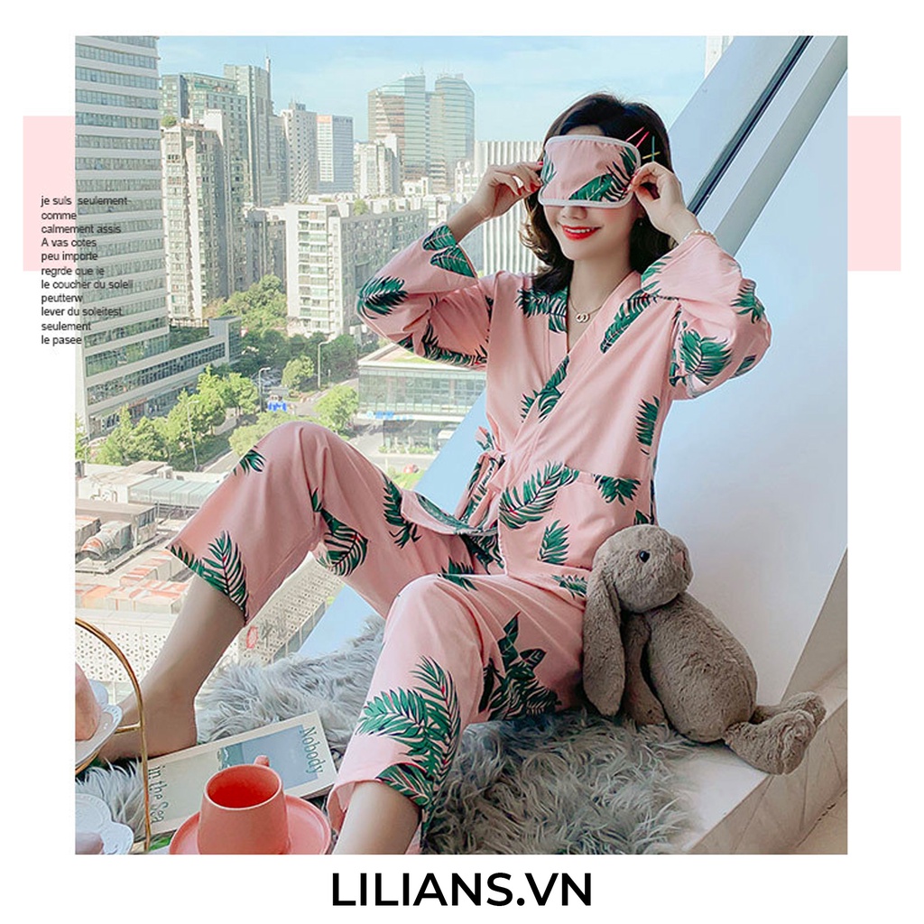 Bộ ngủ Pijama Kimono dài tay hoạ tiết hoa lá dễ thương chất mềm mịn mặc thoáng mát dành cho nữ