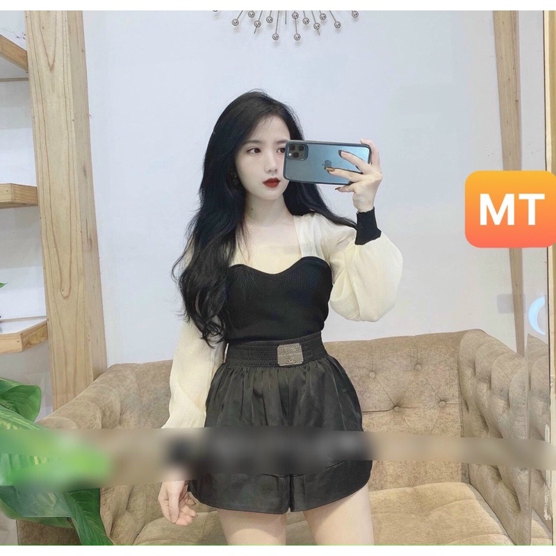 Áo dài tay cổ vuông tay bồng sexy