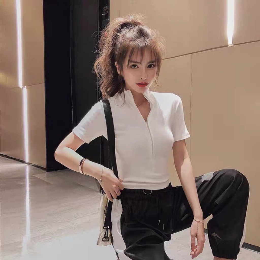 Áo Thun Ngắn Tay Phối Kéo Khoá Dễ Mix Đồ