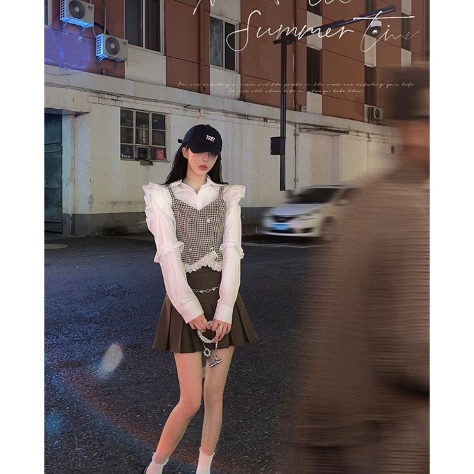 【F&amp;X】Đầm sơ mi lụa xếp ly phối thắt lưng thời trang xuân thu mới cho nữ