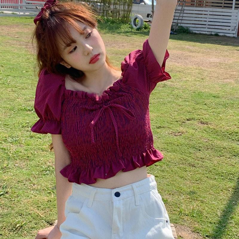 Áo kiểu cổ vuông tay phồng ngắn phối họa tiết sọc ca rô thời trang phong cách Hàn Quốc cho nữ | BigBuy360 - bigbuy360.vn