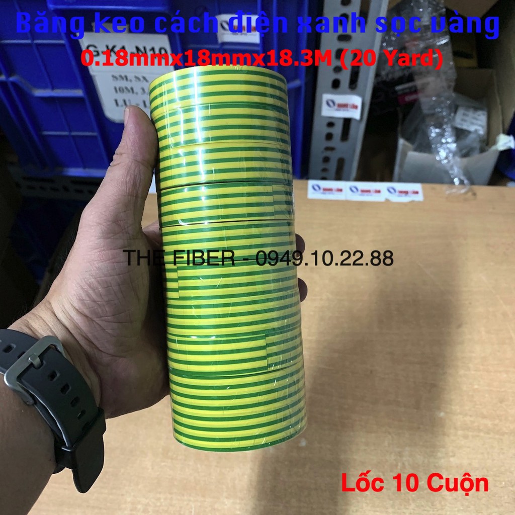 Lốc 10 cuộn Băng keo cách điện xanh sọc vàng 0.18mmx18mmx18.3M (20 Yard)