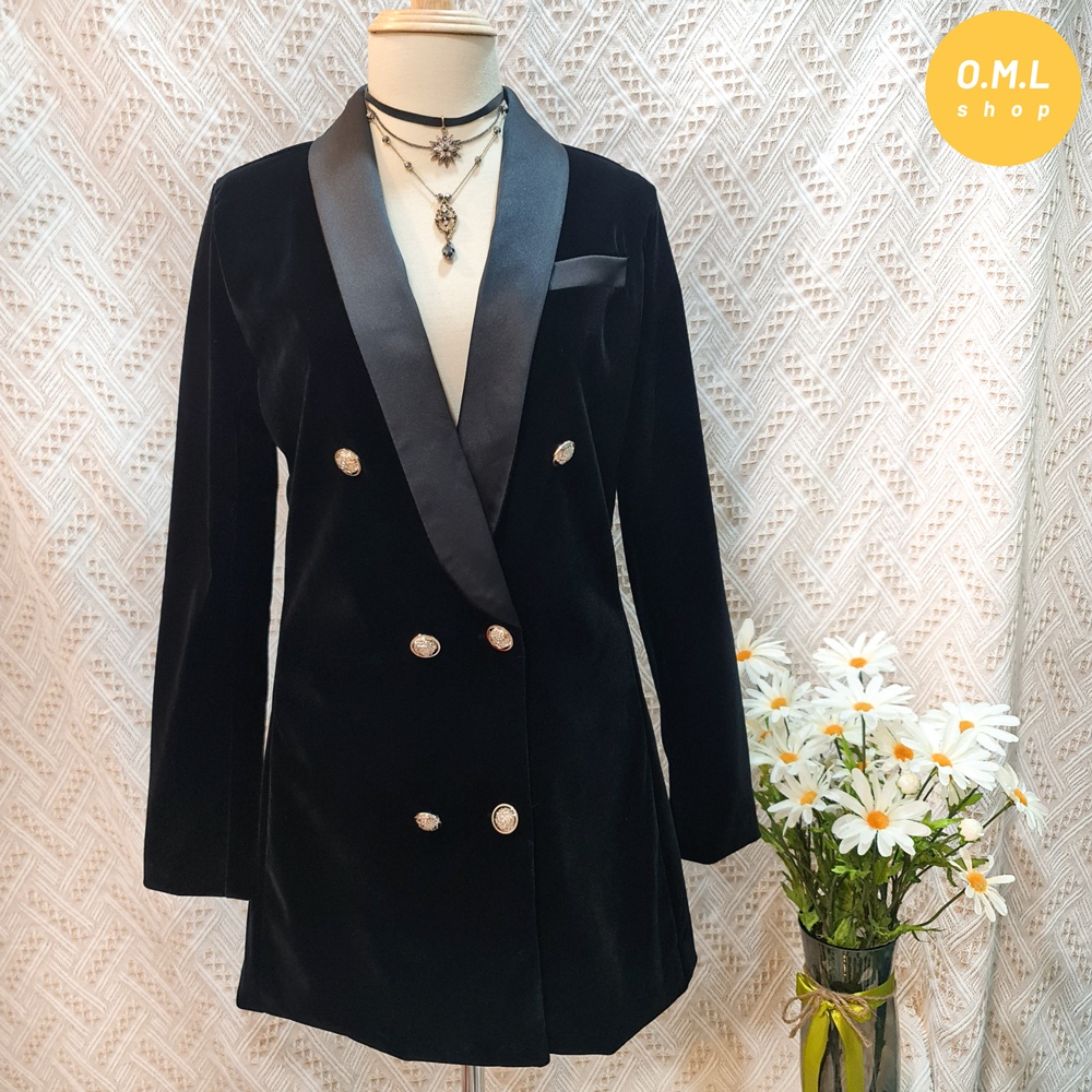 (HÀNG CÓ SẴN) Áo vest blazer nhung đen kèm thắt lưng túi nhỏ thanh lịch (có hình thật)