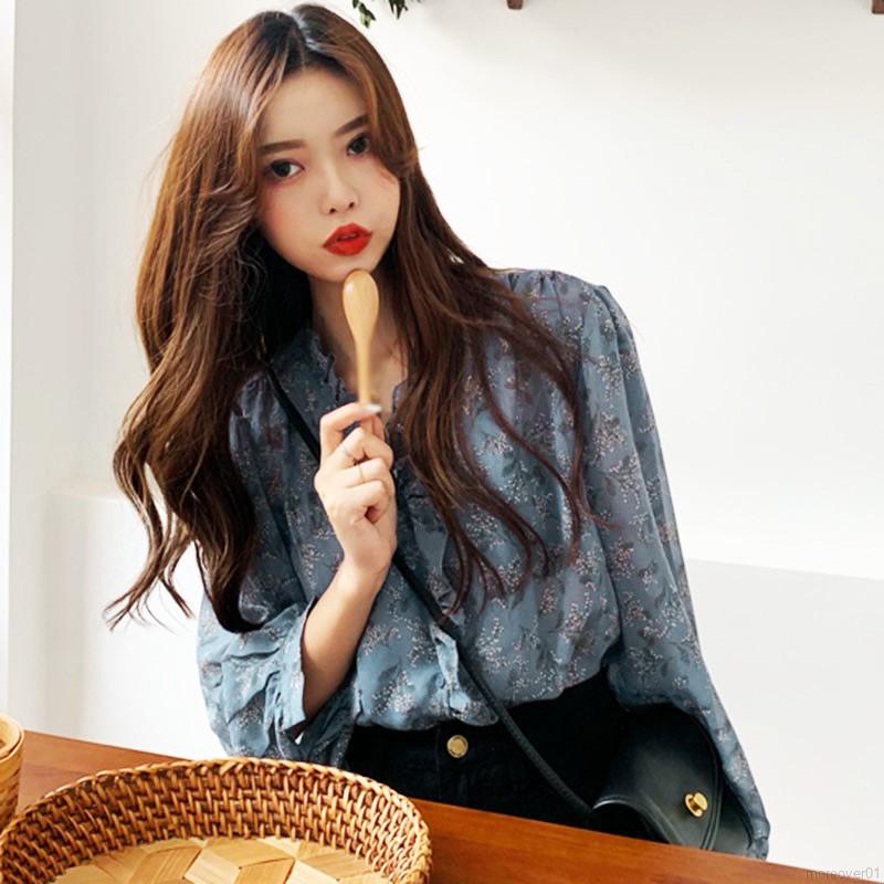 Áo Sơ Mi Dài Tay In Hoa Vải Chiffon Dáng Rộng