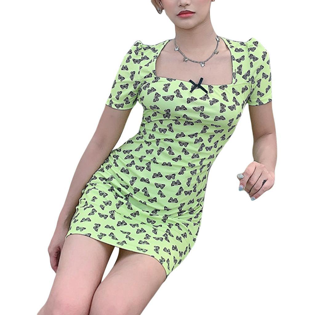 Đầm Nữ Ngắn Tay Cổ Vuông In Hoa Thời Trang