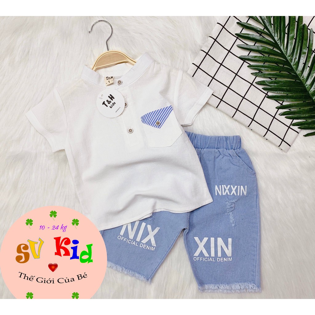 Set bé trai quần Jean xốp kết hợp với áo sơ mi chất thun đũi