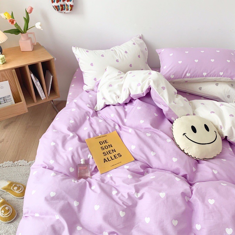 Bộ chăn ga gối cotton poly -mẫu trái tim tím trắng -luis bedding miễn phí bo chun theo kích thước