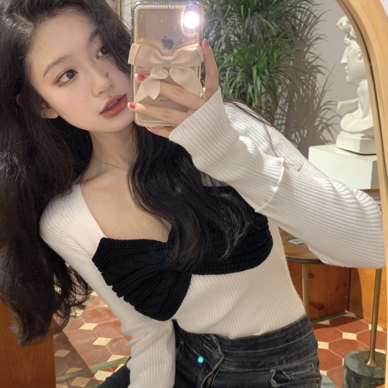 Áo len tay dài cổ vuông màu đen phong cách Hàn Quốc thời trang xinh xắn cho nữ