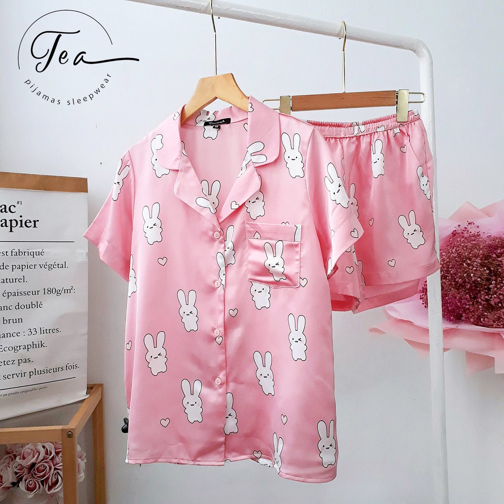 Bộ Mặc Nhà Pyjama Lụa Cộc Tea Store Họa Tiết Thỏ Đáng Yêu | BigBuy360 - bigbuy360.vn