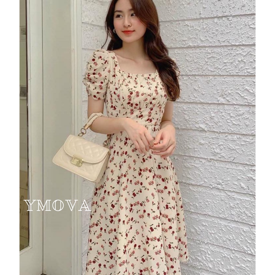 váy hoa nhí cao cấp hoa hồng tay bồng ,đầm cổ vuông kiểu dáng vintage phong cách Ulzzang VCR