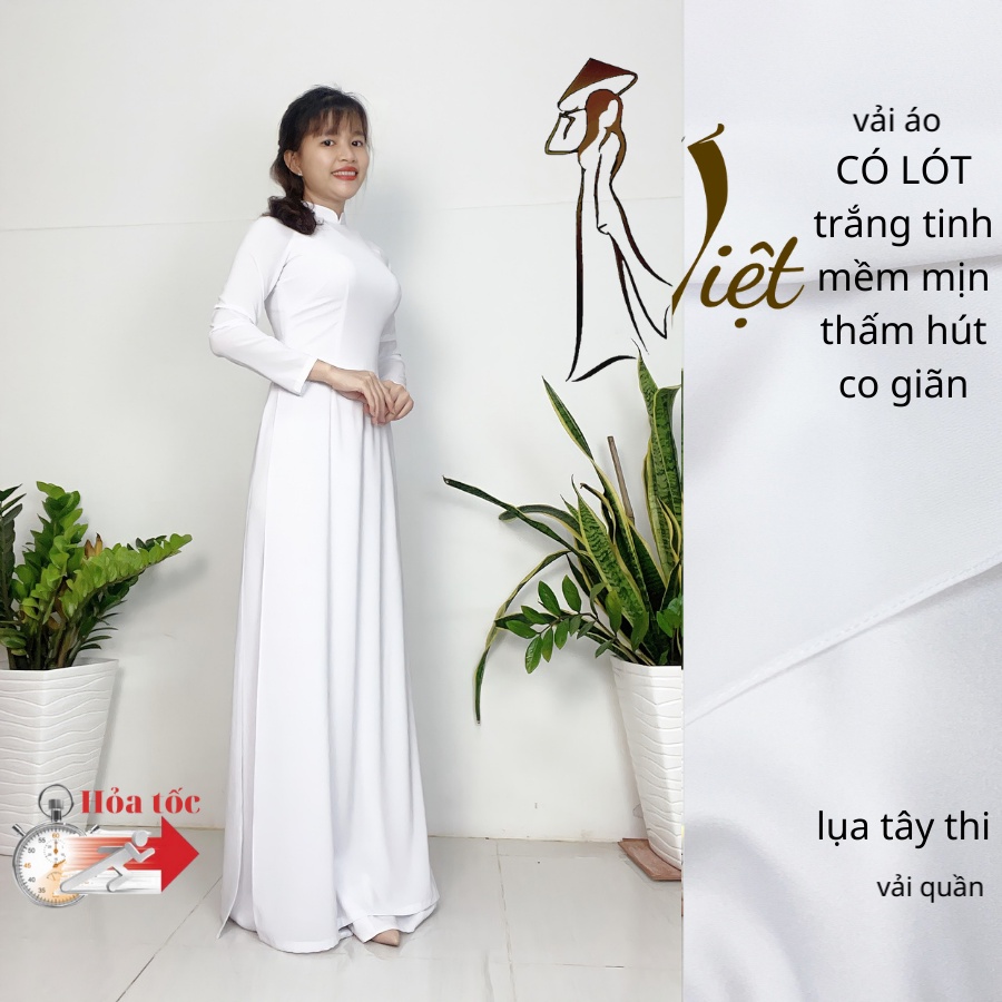 Áo dài trắng nữ học sinh đi học cấp 3 chụp hình kỷ yếu truyền thống may sẵn lụa nhật có lớp lót