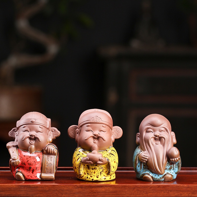 Bộ tượng tam đa phúc lộc thọ mini tráng men nhiều màu bằng gốm tử sa trang trí phòng khách khay trà, xe hơi