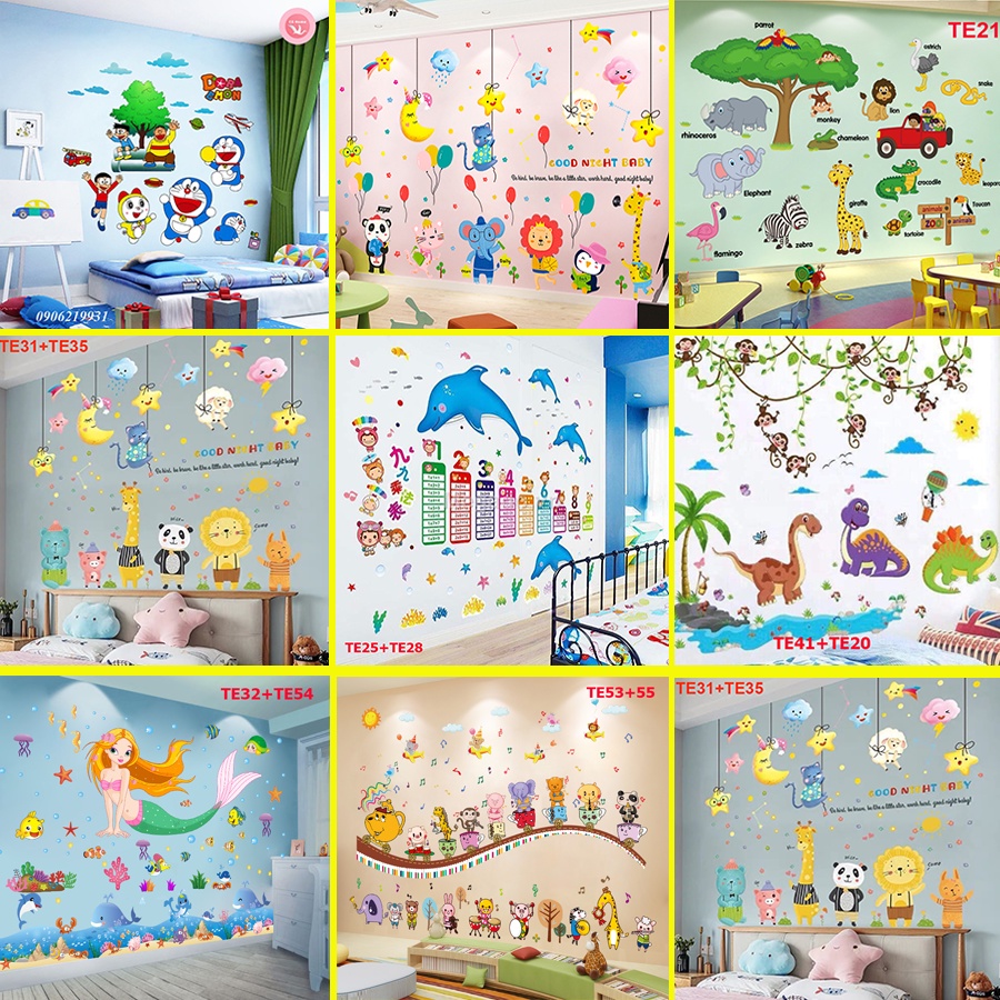Combo 2 tranh động vật tiếng anh đáng yêu - Tranh dán tường decal đề can cho bé TE35+TE31