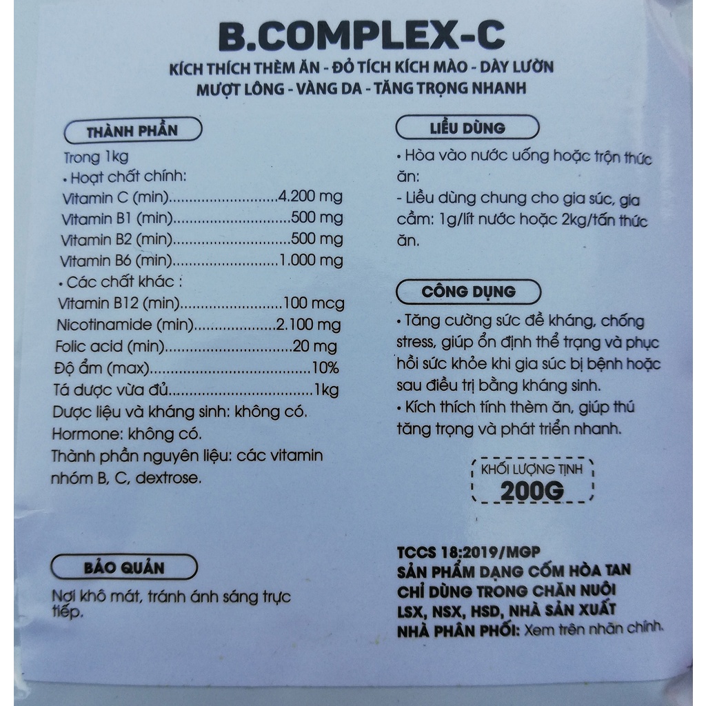 1 gói  B.complex-C Dạng cốm 200g kích thích thèm ăn-Đỏ tích kích mào. tăng trọng nhanh phát triển nhanh (tốt cho gà đá)