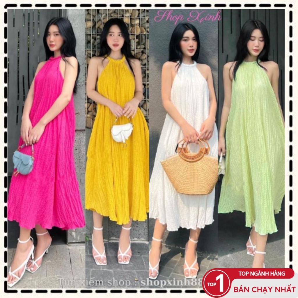 Đầm Maxi Cổ Yếm Chất Xốp Đơn Sắc, Váy Maxi Dự Tiệc Đi Biển 𝙎𝙝𝙤𝙥 𝙓𝙞𝙣𝙝
