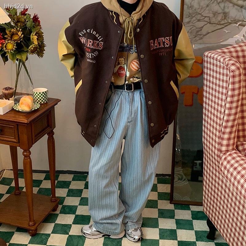 Áo khoác bóng chày tay da PU thêu chữ phong cách retro cho nam nữ