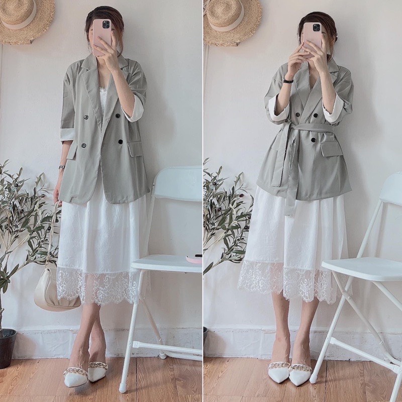 [Ảnh thật/Video]Áo blazer Hàn Quốc tay lỡ kèm đai sang chảnh | BigBuy360 - bigbuy360.vn