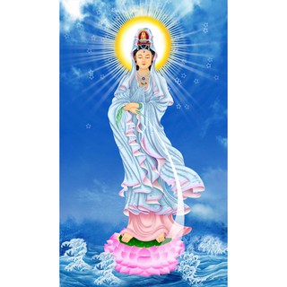 Tranh dán tường 3D Quan thế âm bồ tát - vải lụa phủ kim tuyến