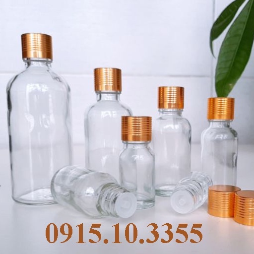COMBO 100 vỏ Chai thủy tinh ( chai trong xuốt nắp vàng xoắn + nhỏ giọt) :10ml 20ml 30ml Lọ chiết tinh dầu