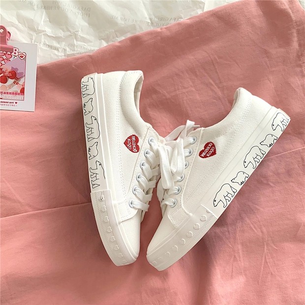 6:30PM Order Mã 104 Giày sneaker ulzzang dáng vans basic custom thêu trái tim đế trái tim nổi vẽ hình gấu hot trend