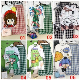 Đồ bộ nữ quần caro kate ống rộng  phối áo thun nữ form rộng tay lỡ Freesize