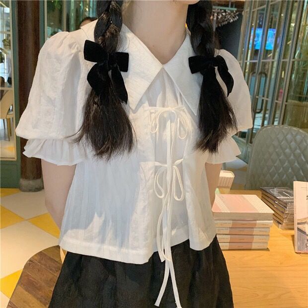 Áo kiểu croptop babydoll cổ bẻ tay ngắn phồng dáng rộng cột nơ màu trắng phong cách Hàn Quốc ulzzang thời trang cho nữ