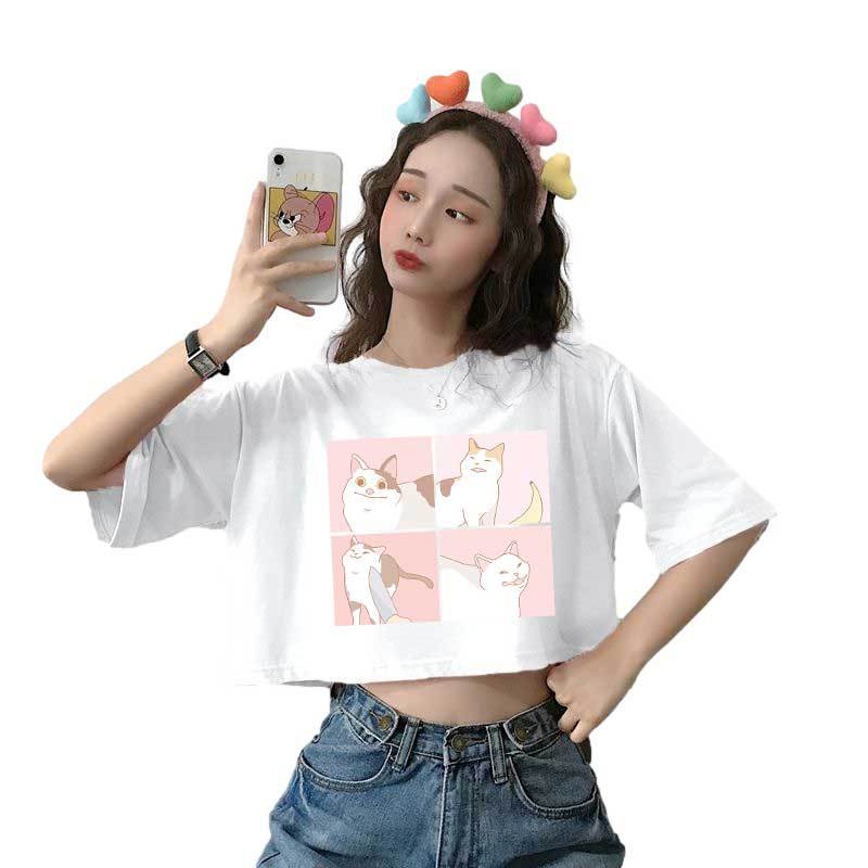 Áo Thun Crotop Form Rộng Tay Ngắn Chất Cotton Mền Mại In Hình Chú Mèo Đáng Yêu Ulzzang Style Hàn Quốc TTT0131