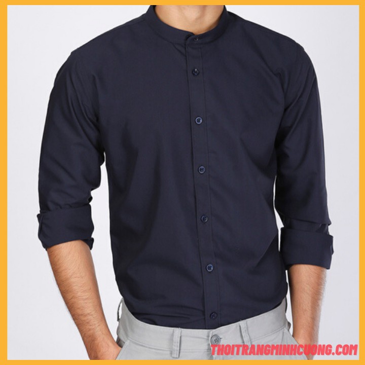 Domacushop. Áo sơ mi nam dài tay, kiểu áo cổ tàu (trắng, đen), dáng ôm vải lụa cotton co giãn nhẹ siêu mát Cực Đẹp