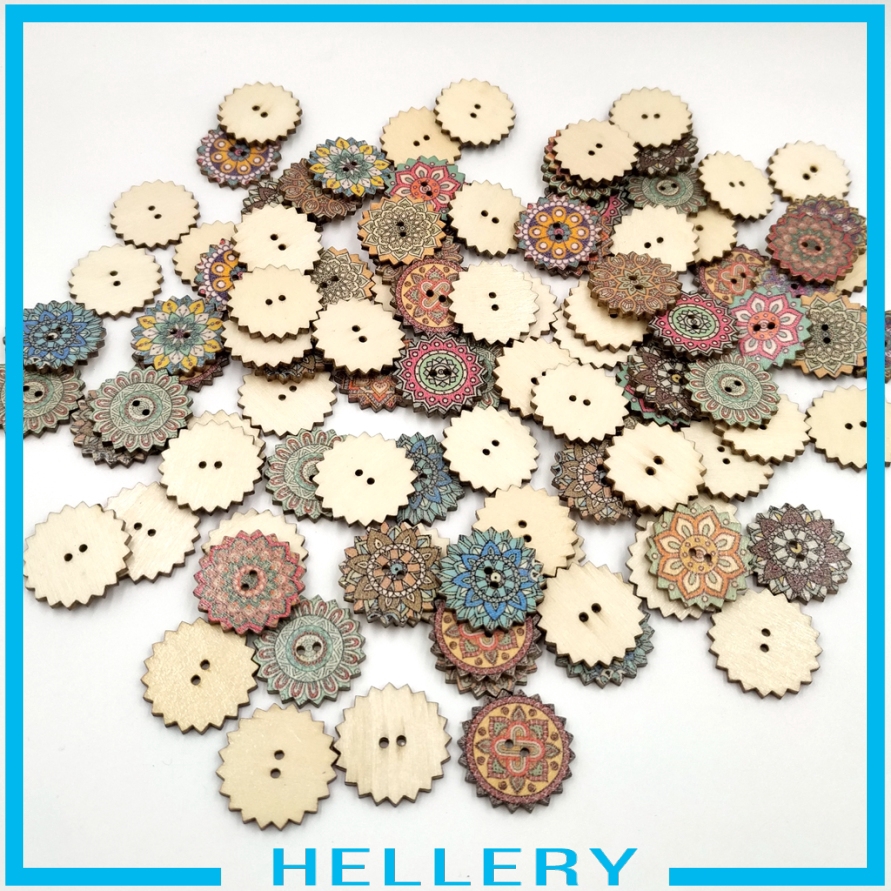 Set 100 Nút Gỗ Tròn 2 Lỗ Nhiều Họa Tiết Dùng May Vá Thủ Công