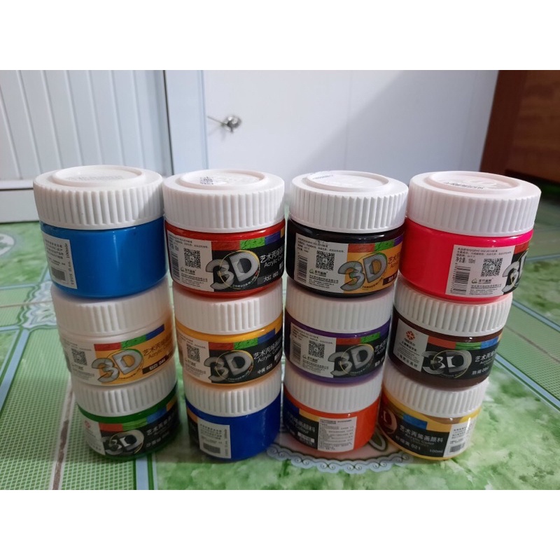 Combo 12 Màu Acrylic 3D Cơ Bản + Bộ 12 Cọ Vẽ Acrylic, Sơn Acrylic (100ml)