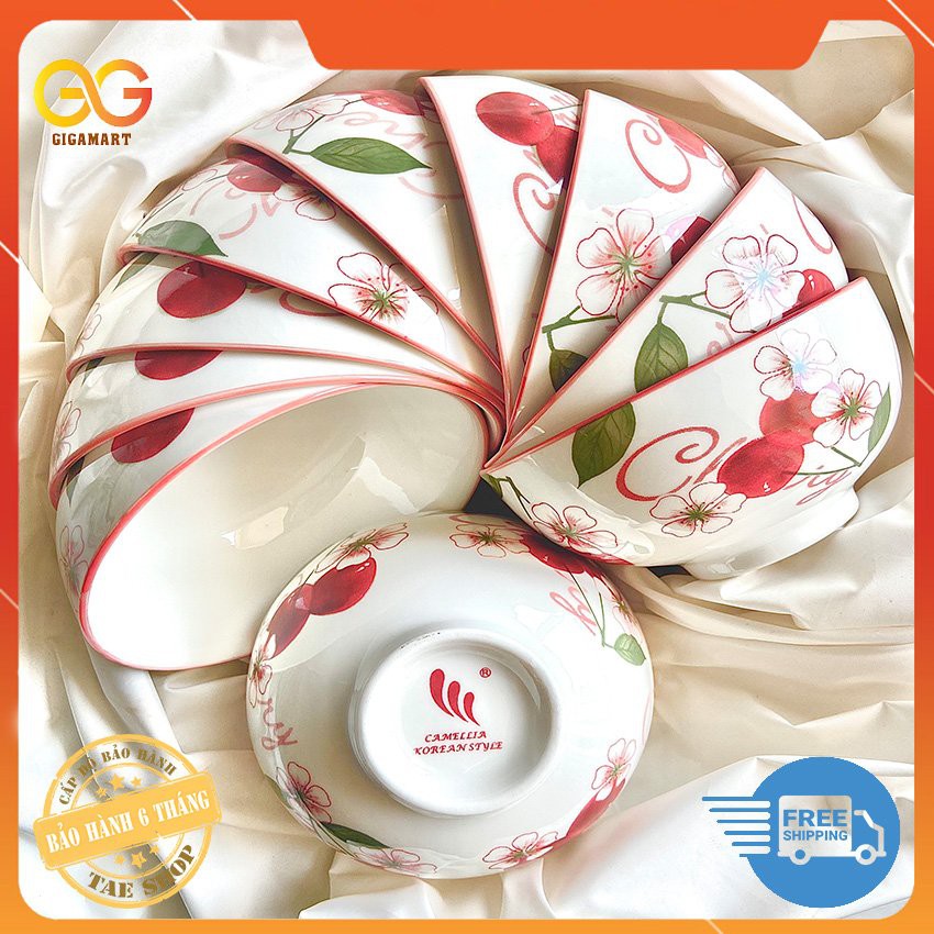 [HÀNG CAO CẤP] Bộ 10 chén ăn cơm sứ cao cấp, họa tiết hoa 3d, miệng bát kẻ chỉ màu, set 10 bát ăn cơm- gốm sứ Camellia
