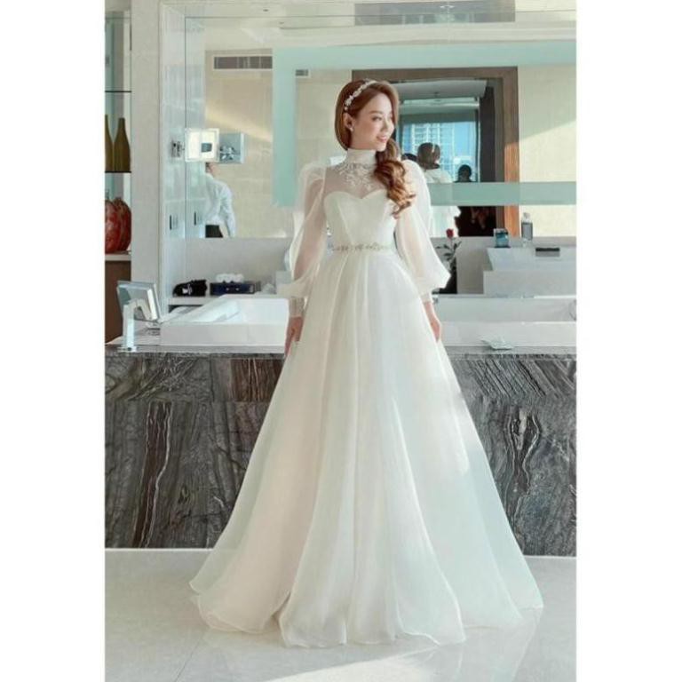 Đầm maxi dự tiệc mặc cưới tay dài phồng phối ren cổ - size M/L - MS314V